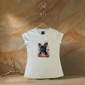 T-shirt - French Bulldog on Marb Camiseta Tela Fría Mujer - Corte Entallado- Estampado Bulldog Floral - Blanco Hueso