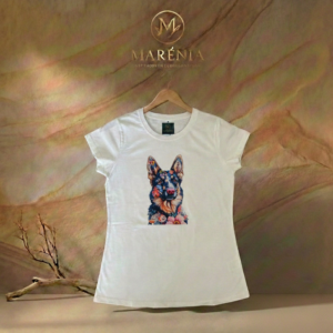 T-shirt - German Shepherd on Mar Camiseta Tela Fría Mujer - Corte Entallado- Estampado Pastor Alemán Floral - Blanco Hueso