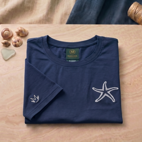 CAM-FRI-AZO-CRO-B03 Camiseta Tela Fría Mujer - Croptop - Bordado Estrella de Mar - Azul Oscuro