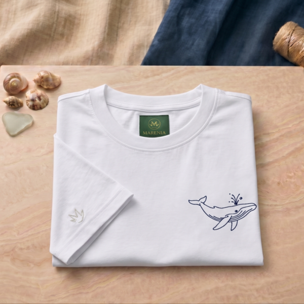 CAM-FRI-BLA-CRO-B02 Camiseta Tela Fría Mujer - Croptop - Bordado Ballena - Blanco