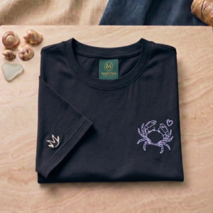 CAM-FRI-NEG-CRO-B01 Camiseta Tela Fría Mujer - Croptop - Bordado Cangrejo - Negro