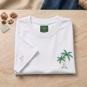 Camiseta Hombre Algodón Peruano 200gr - Corte Regular - Blanco Hueso - Bordado Diseño Palmeras