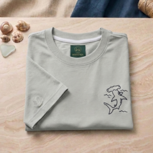 HOM-P200-GRC-REG-LG-B02 Camiseta Hombre Algodón Peruano 200gr - Corte Regular - Gris Claro - Bordado Diseño Tiburón