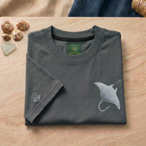 Camiseta Hombre Algodón Peruano 200gr - Corte Regular - Gris Medio - Bordado Diseño Mantaraya