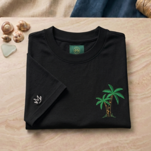 Camiseta Hombre Algodón Peruano 200gr - Corte Regular - Negro - Bordado Diseño Palmeras