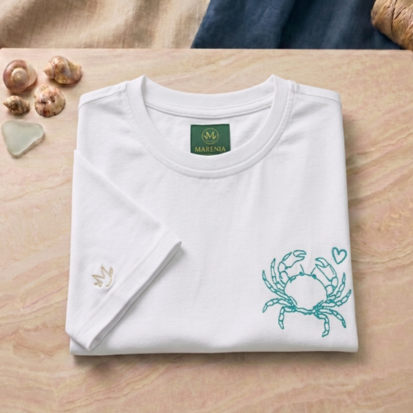 Camiseta Infantil Unisex (Niño/Niña) Algodón/Spandex - Corte Regular - Bordado Cangrejo - Blanco Hueso