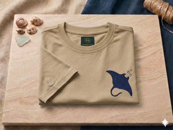 Camiseta Infantil Unisex (Niño/Niña) Algodón/Spandex - Corte Regular - Bordado Mantaraya - Camel