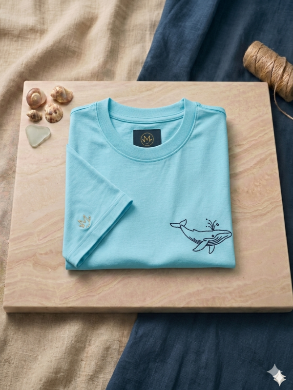KID-ALX-TUR-REG-B05 Camiseta Infantil Unisex (Niño/Niña) Algodón/Spandex - Corte Regular - Bordado Ballena - Turquesa
