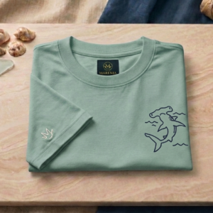 KID-ALX-VMC-REG-B02 Camiseta Infantil Unisex (Niño/Niña) Algodón/Spandex - Corte Regular - Bordado Tiburon- Verde Militar Claro