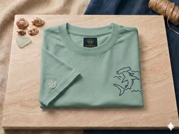 KID-ALX-VMC-REG-B02 Camiseta Infantil Unisex (Niño/Niña) Algodón/Spandex - Corte Regular - Bordado Tiburon- Verde Militar Claro